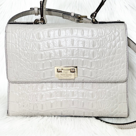 SOLD-Kate Spade Croc Leather Medium Satchel Handbag, Cream Ivory Beige - Picture 4 of 12